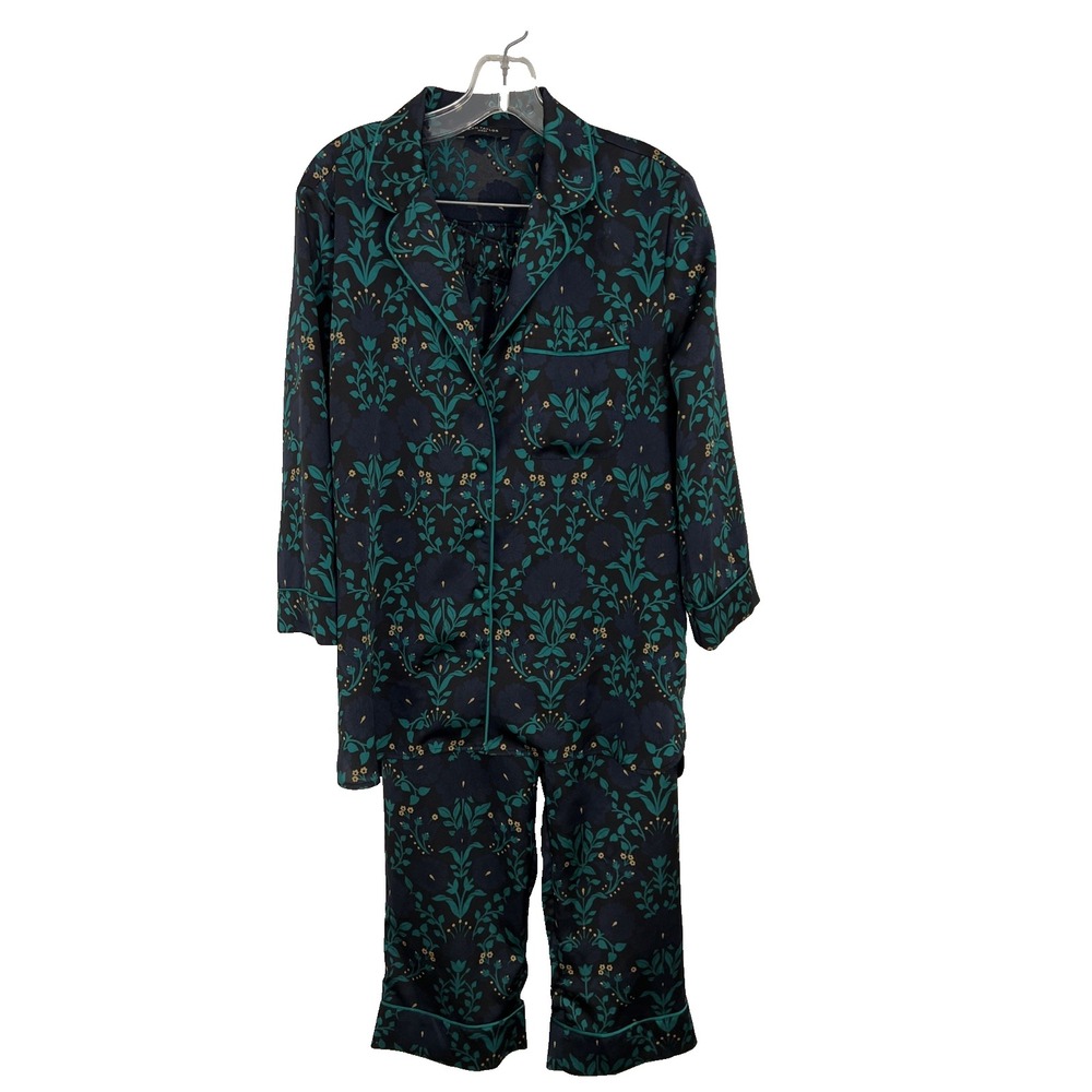 Ann Taylor Sleep 2 Piece Drawstring Pajama Set Size S Navy Green Floral